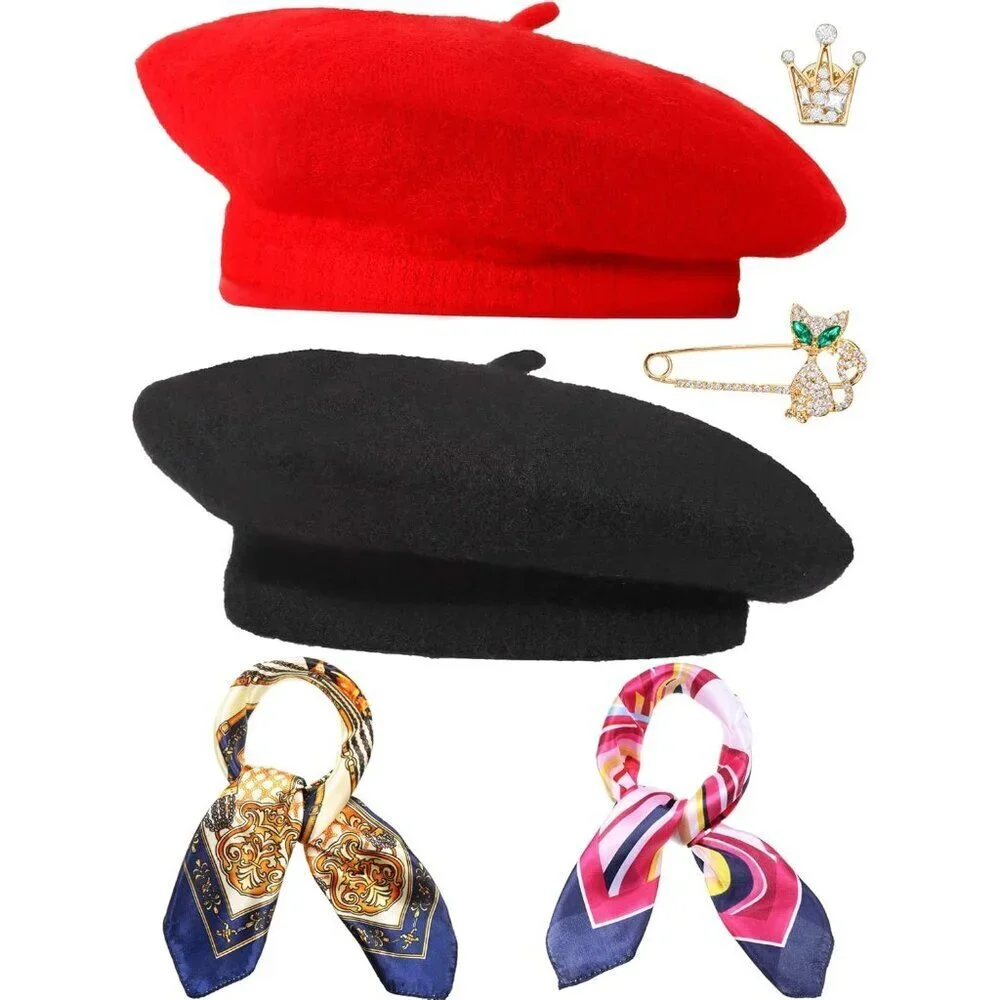 Wool Beret Hat with Silky Scarf Brooch Women Solid French Beanie Accessory